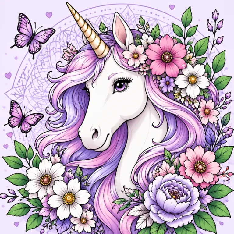 Licorne entouree de fleurs, dessin detaille