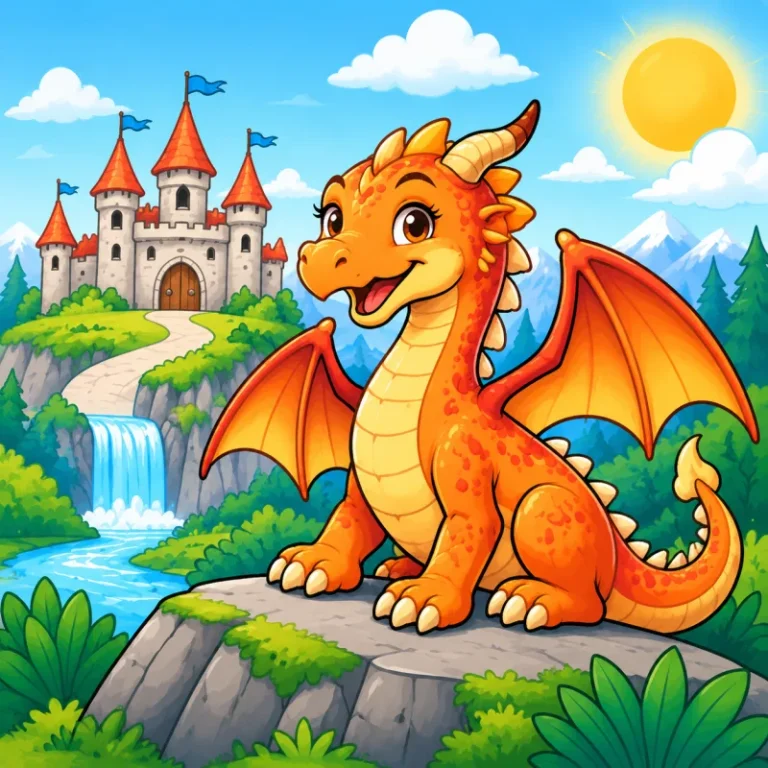 Dragon orange devant un chateau et une cascade
