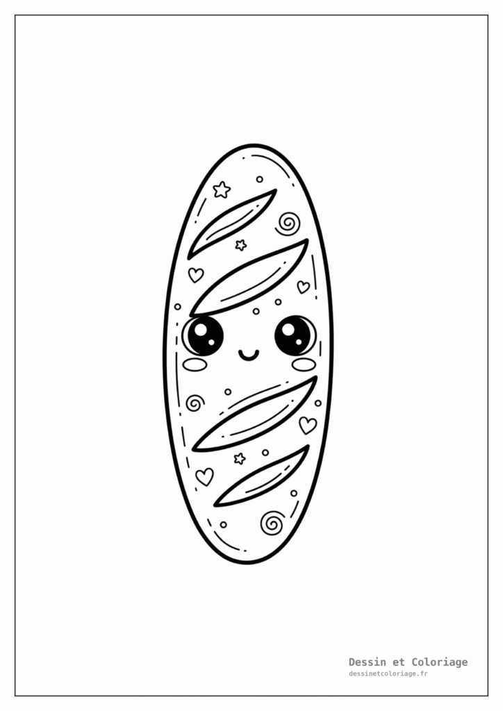 coloriage kawaii nourriture — Une baguette de pain avec une expression joyeuse, de petits yeux et une croûte marquée.