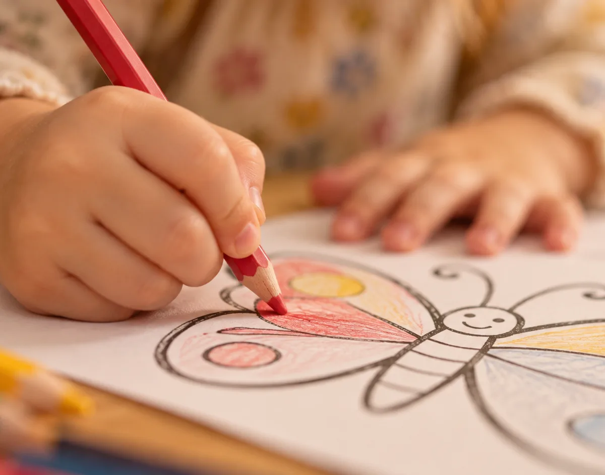 Petite fille qui colorie un papillon avec un crayon rouge, crayon tenu à trois doigts