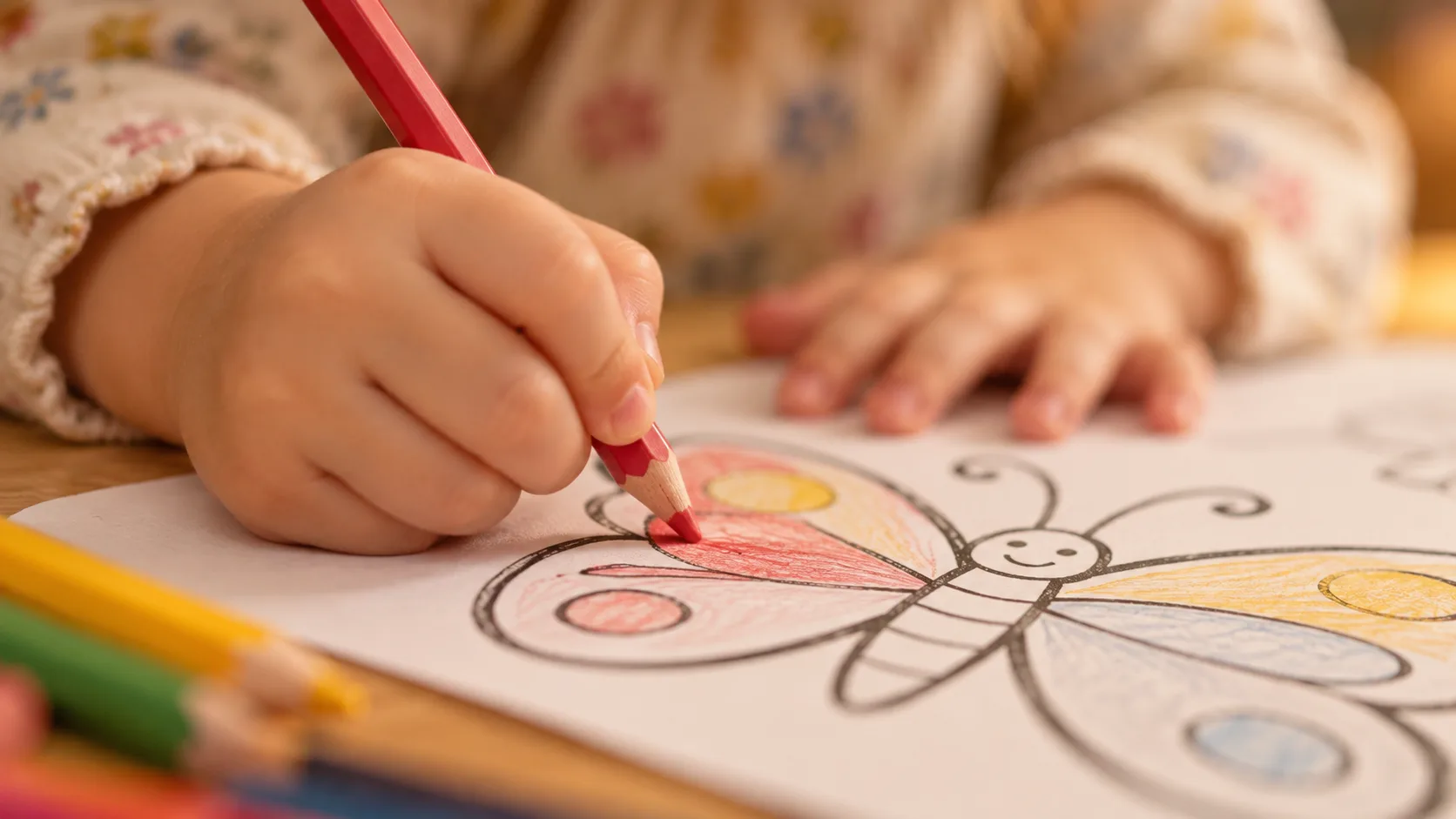 Petite fille qui colorie un papillon avec un crayon rouge, crayon tenu à trois doigts