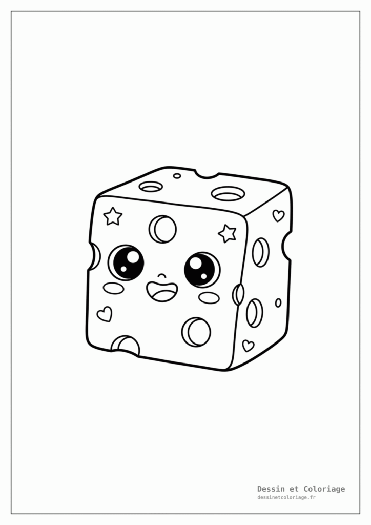 coloriage kawaii nourriture — Un bloc de fromage souriant, avec des trous ronds et de grands yeux.