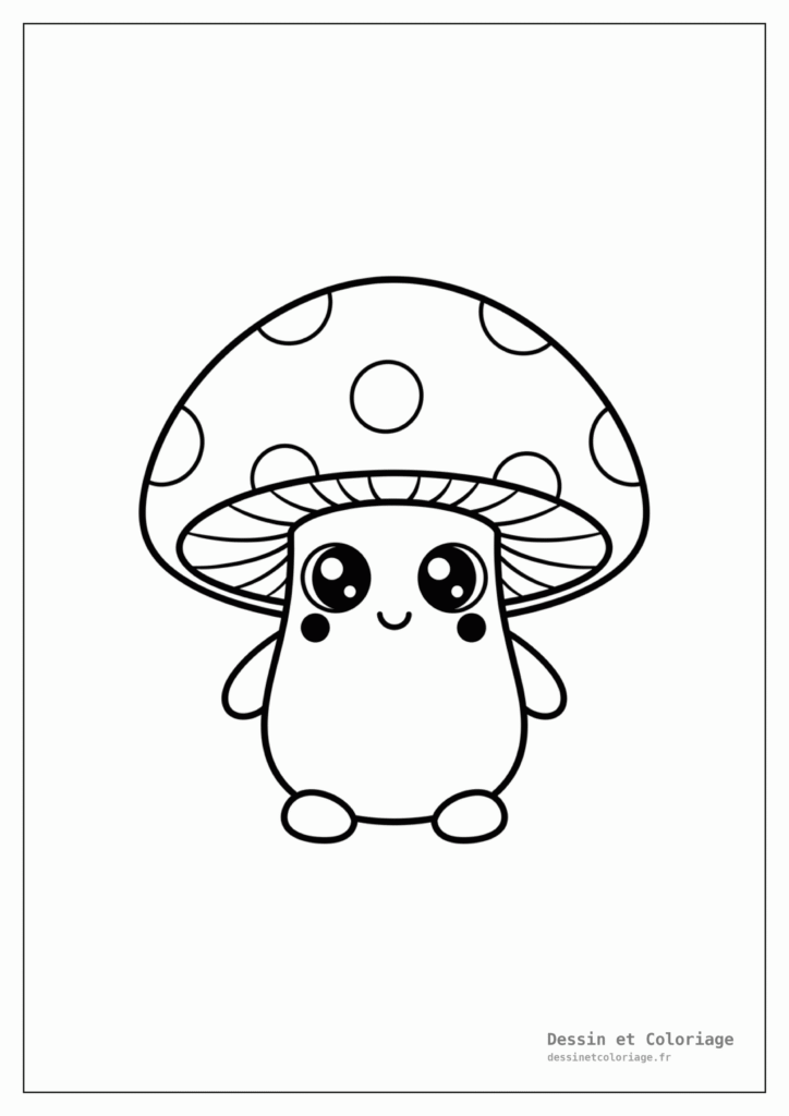 coloriage kawaii nourriture — Un champignon avec un chapeau rond, un sourire timide et de grands yeux.