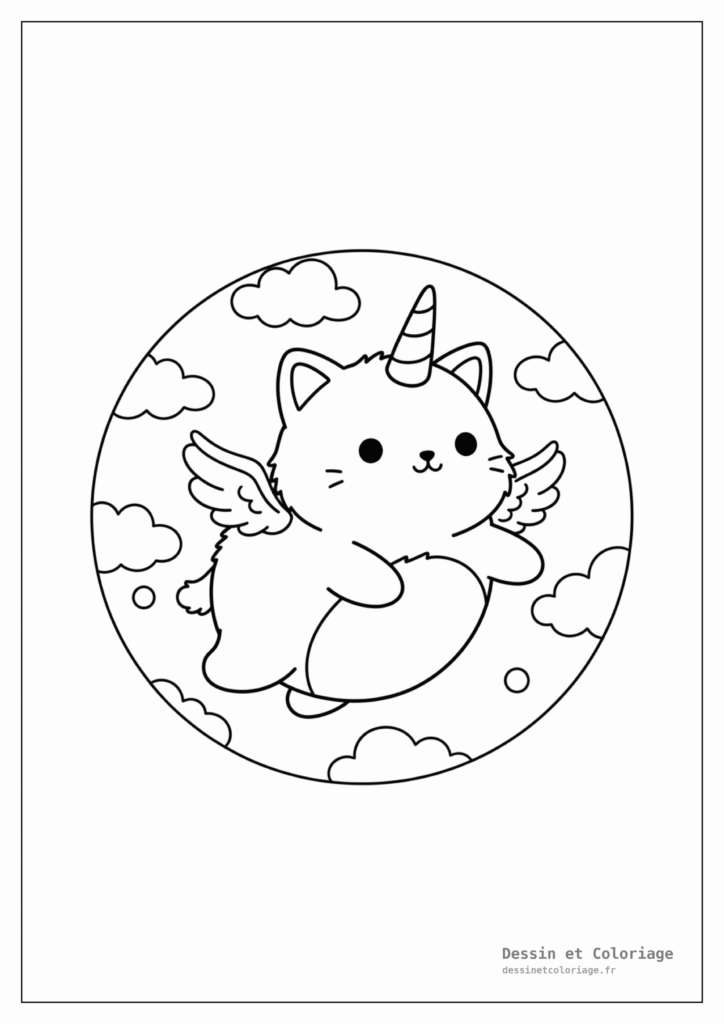 Un chaton-licorne fantastique flottant doucement entre des petits nuages, doté d'une corne et de petites ailes.
