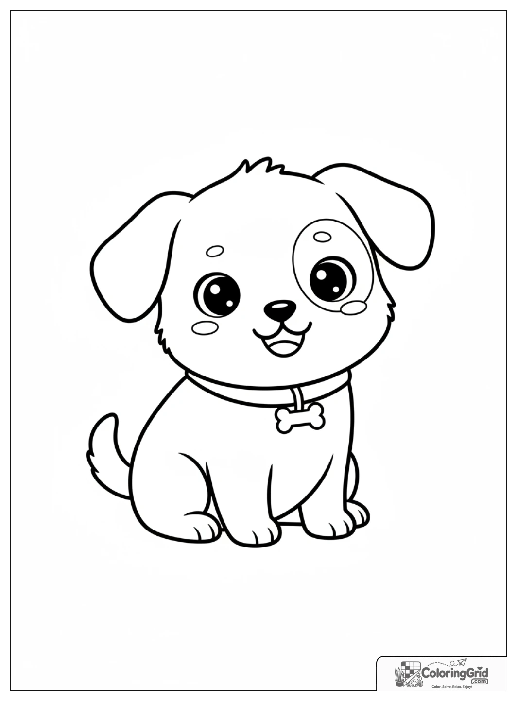 Chiot kawaii joyeux, assis et remuant la queue.