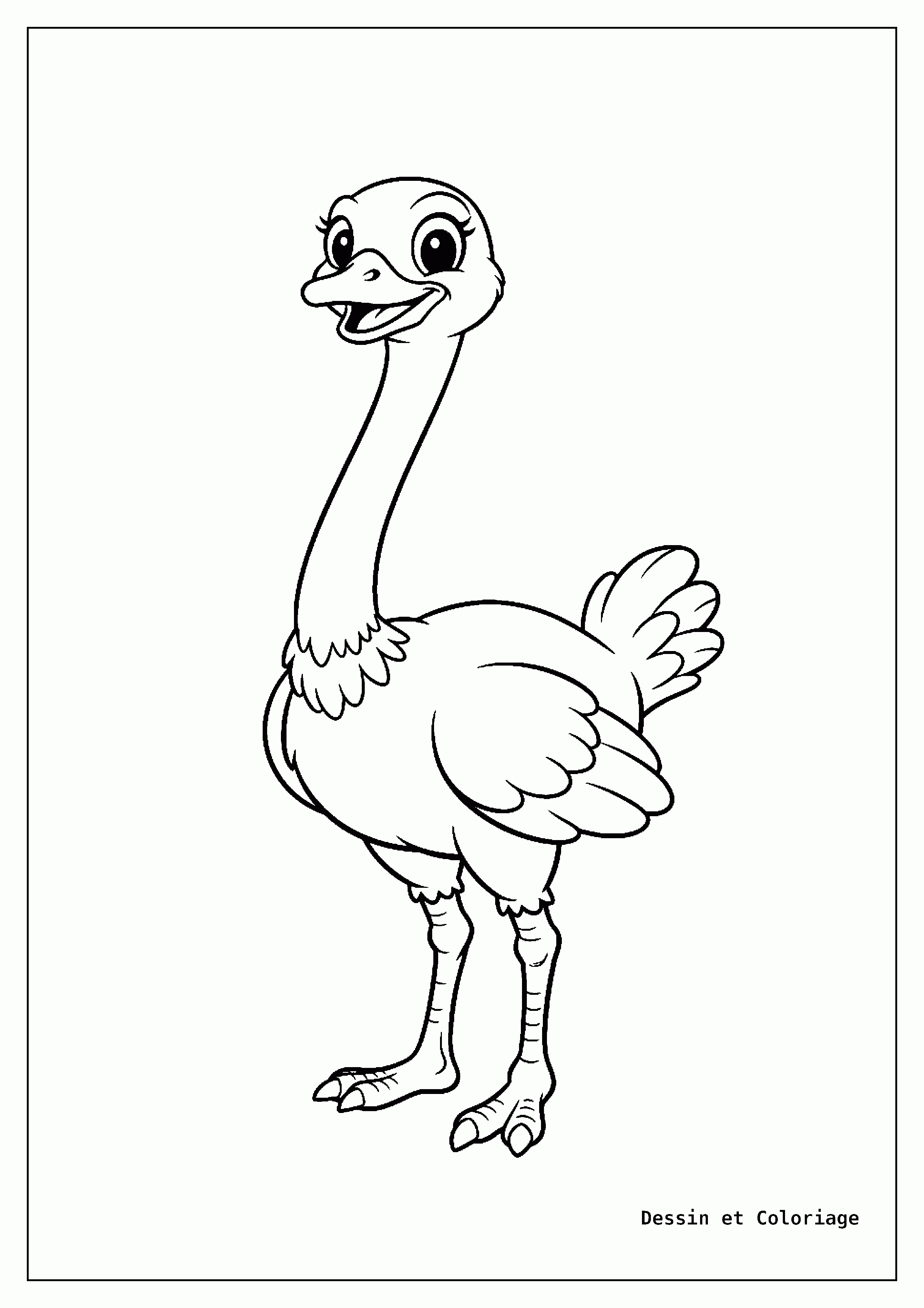 coloriage oiseau — Autruche souriante, debout, avec son long cou et ses grandes pattes, les yeux ronds.