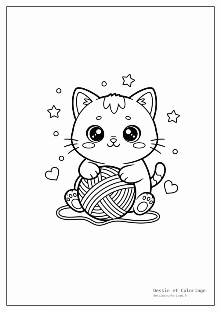 Coloriage Animaux Kawaii — Chaton espiègle jouant avec une pelote de laine, avec de grands yeux expressifs et des cœurs flottants.