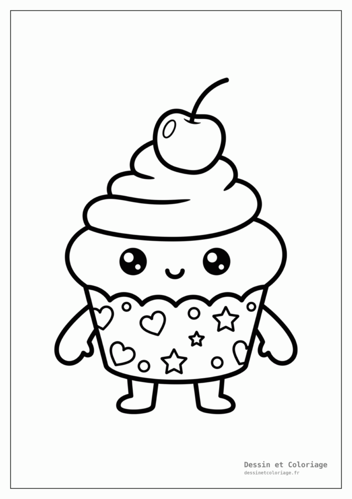 Cupcake avec de la crème fouettée, une cerise et de grands yeux, les bras levés, assis dans sa caissette en papier.