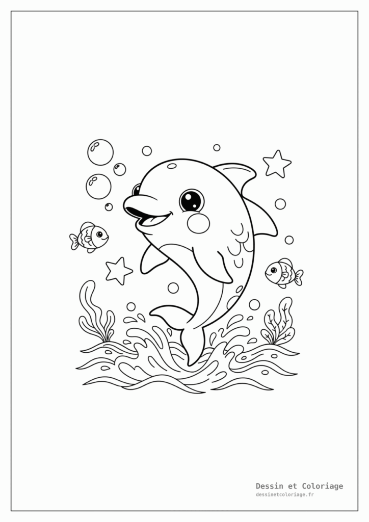 Coloriage Animaux Kawaii — Dauphin joueur bondissant hors de l'eau, entouré de bulles et de petits poissons.