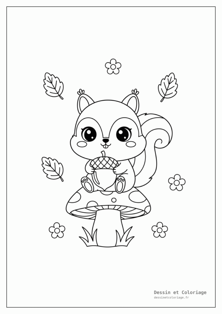 Coloriage Animaux Kawaii — Écureuil mignon tenant un gland, assis sur un champignon, avec des feuilles et fleurs.