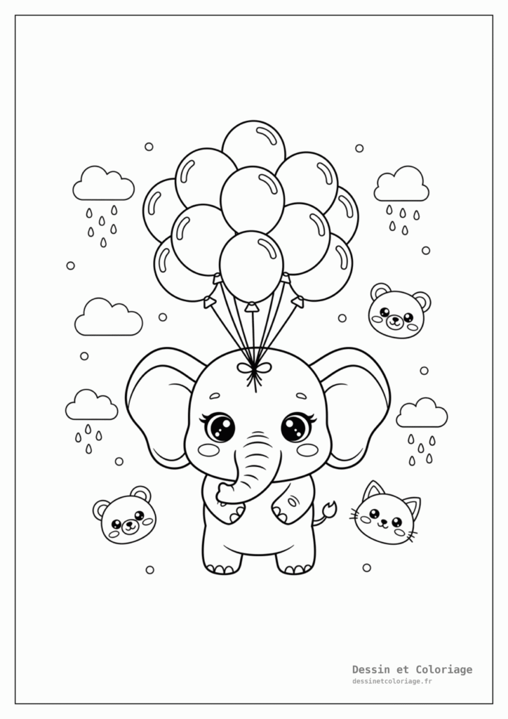 Coloriage Animaux Kawaii — Éléphant joyeux tenant des ballons multicolores avec sa trompe, entouré de nuages.