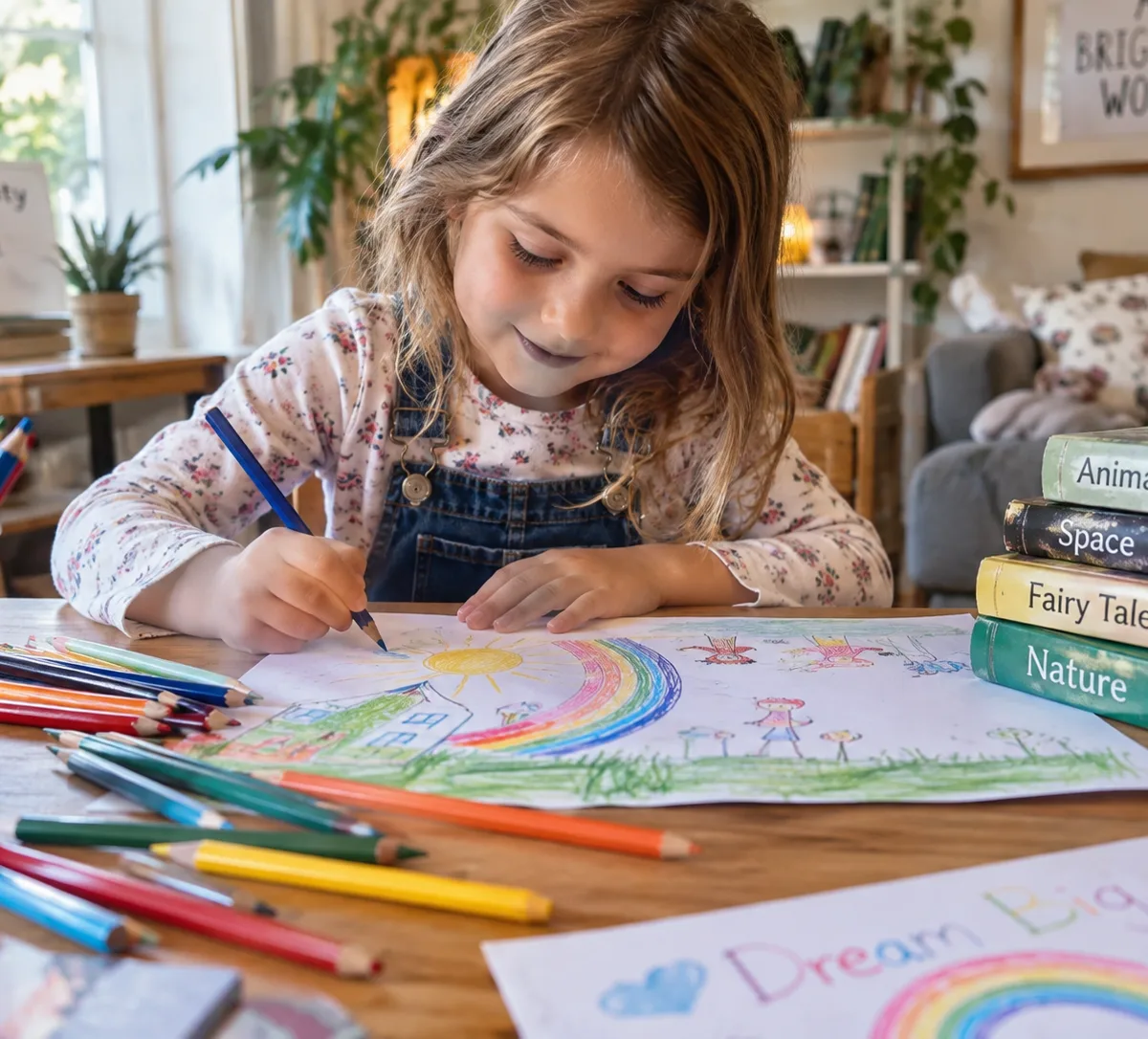Enfant concentrée sur un grand dessin détaillé à colorier, crayons de couleur autour
