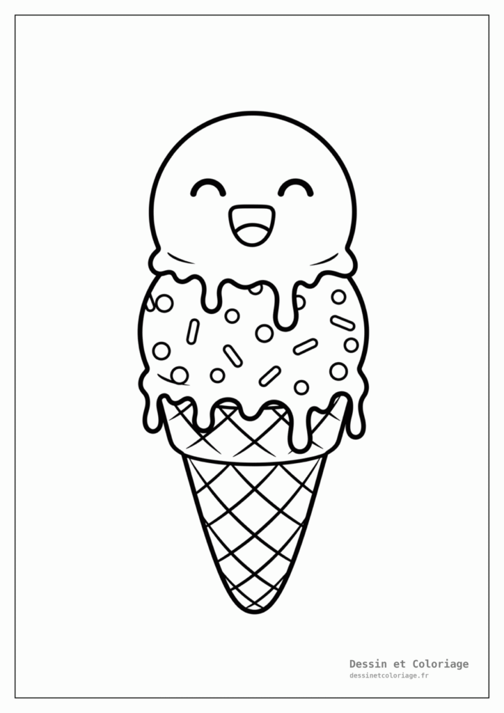 Cornet de glace avec deux boules et des pépites, un visage content, des yeux ronds et un sourire béat.