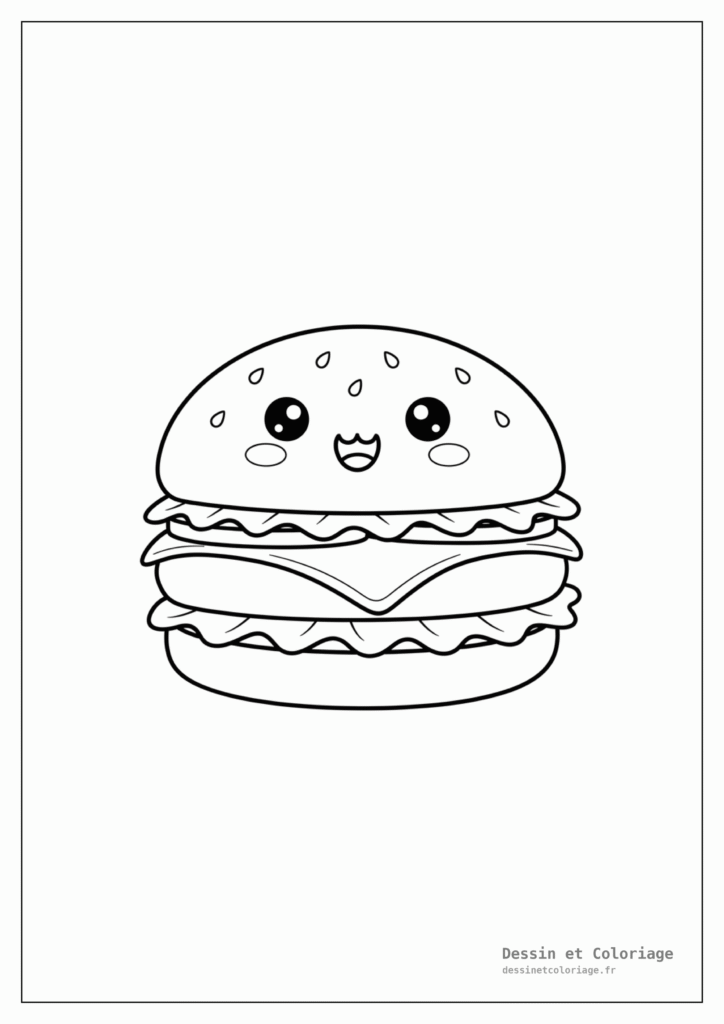 Hamburger souriant avec de grands yeux, les bras ouverts, des oignons et de la laitue. Il a un petit pain aux graines de sésame.
