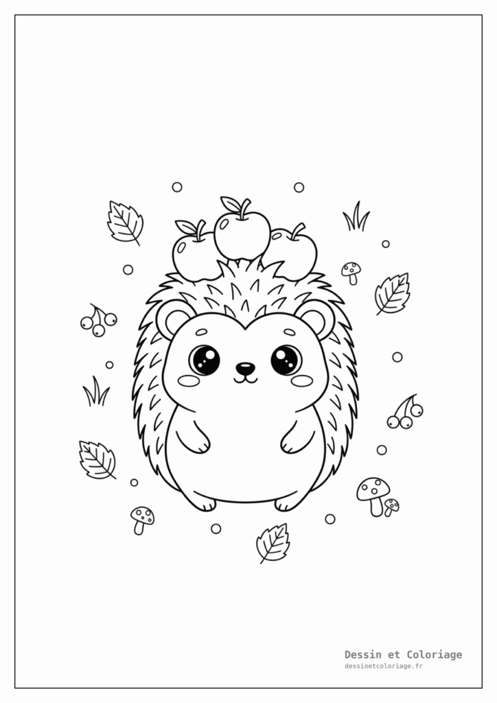 Coloriage Animaux Kawaii — Hérisson souriant portant des pommes sur son dos, avec des feuilles et des baies.