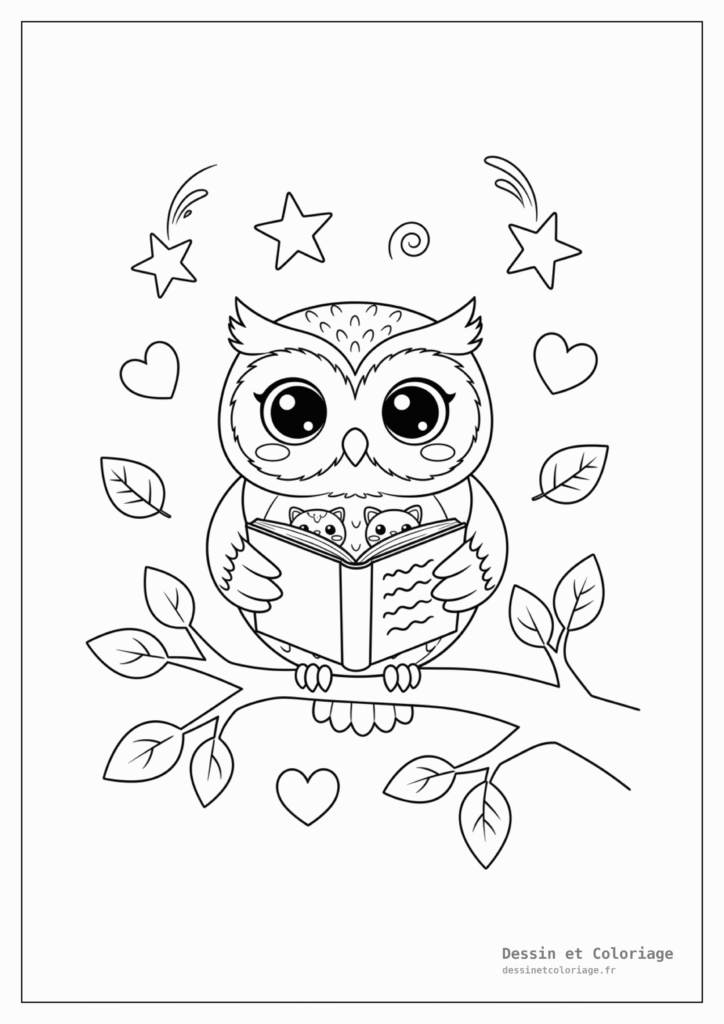 Coloriage Animaux Kawaii — Hibou sage assis sur une branche, lisant un livre, avec des étoiles et des feuilles.