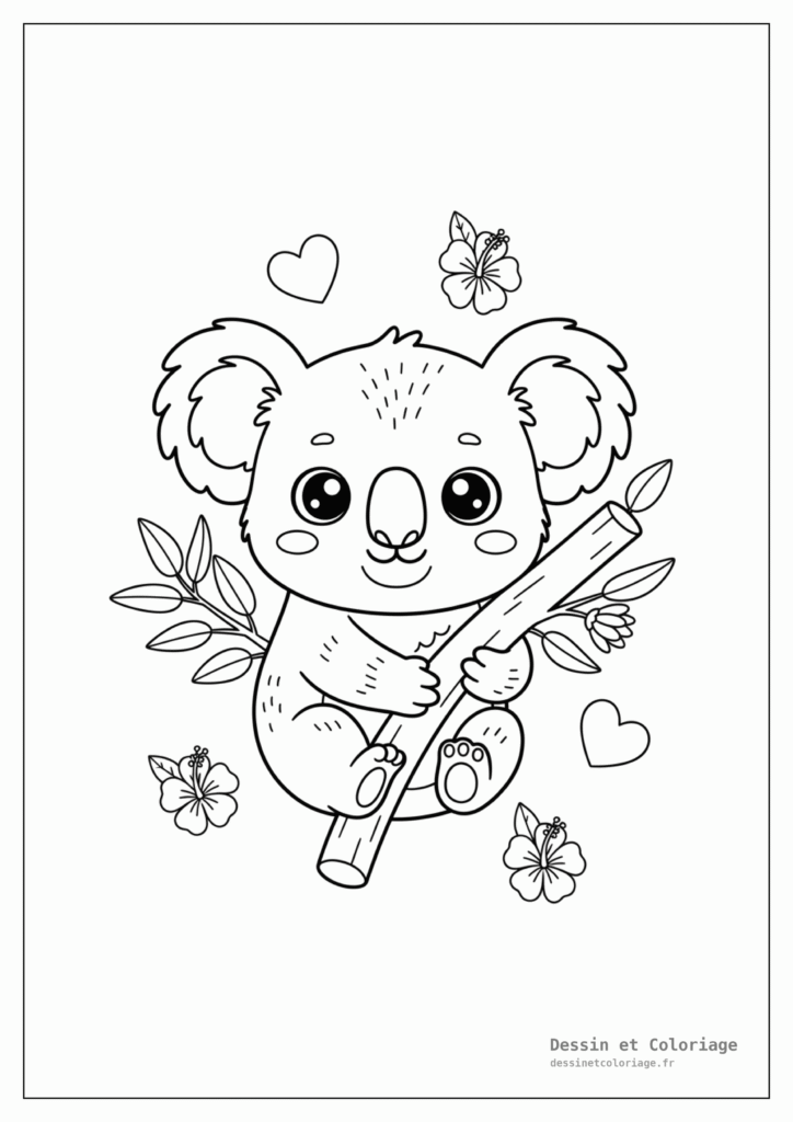 Coloriage Animaux Kawaii — Koala endormi étreignant une branche d'eucalyptus, avec des feuilles et des fleurs.