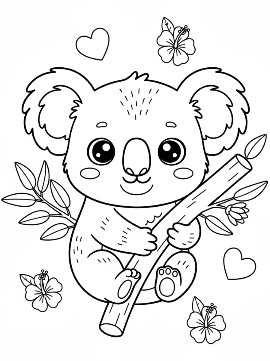 Coloriage koala avec eucalyptus