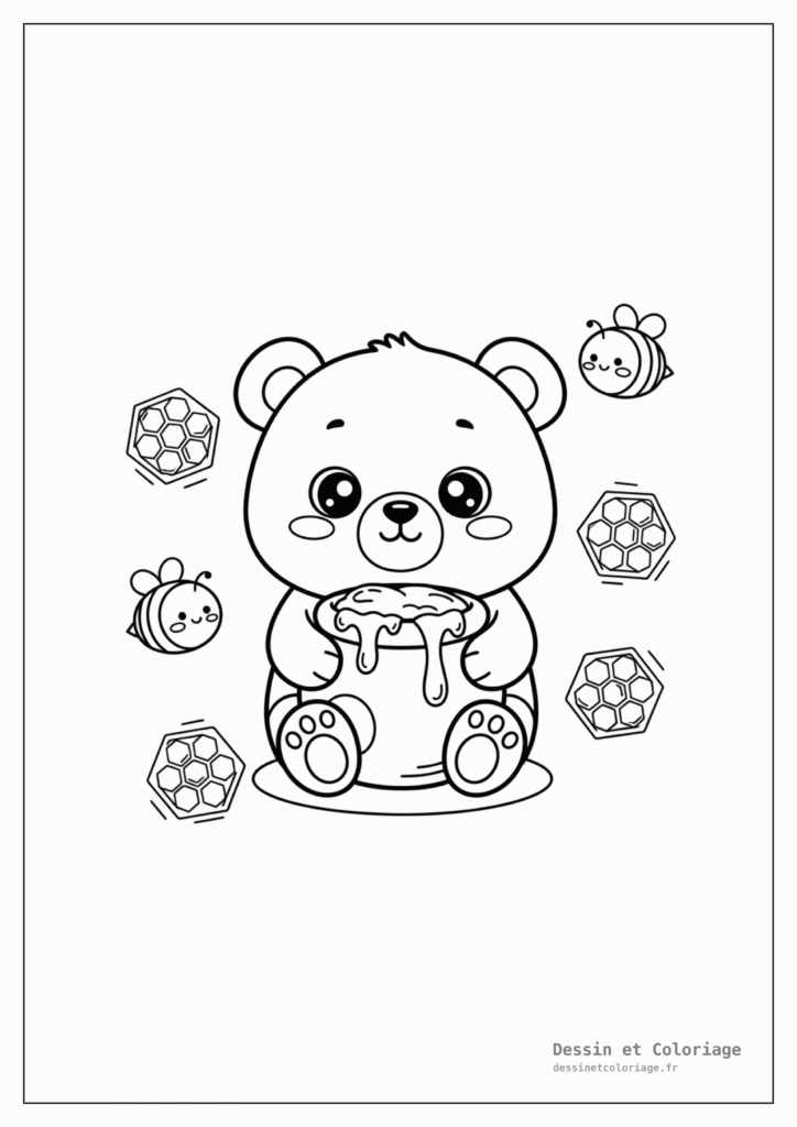 Coloriage Animaux Kawaii — Ours câlin tenant un pot de miel, avec des abeilles et des rayons de miel autour.