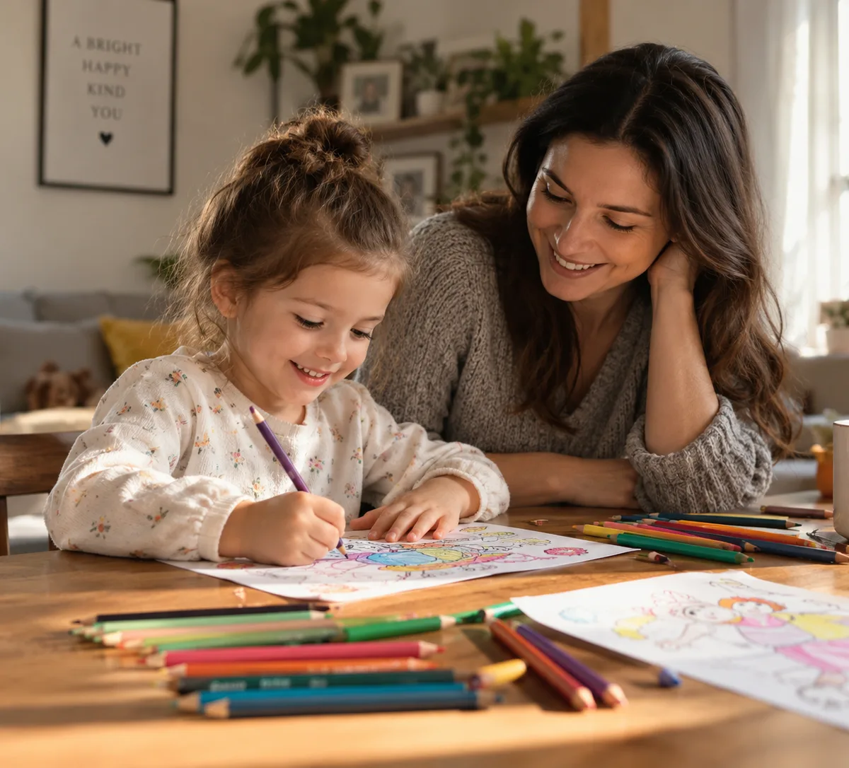 Une mère accompagne sa fille pendant une séance de coloriage à la maison