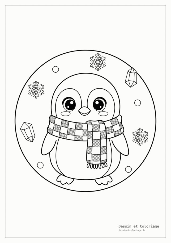 Coloriage Animaux Kawaii — Pingouin mignon avec une écharpe chaude, entouré de flocons de neige et de cristaux de glace.