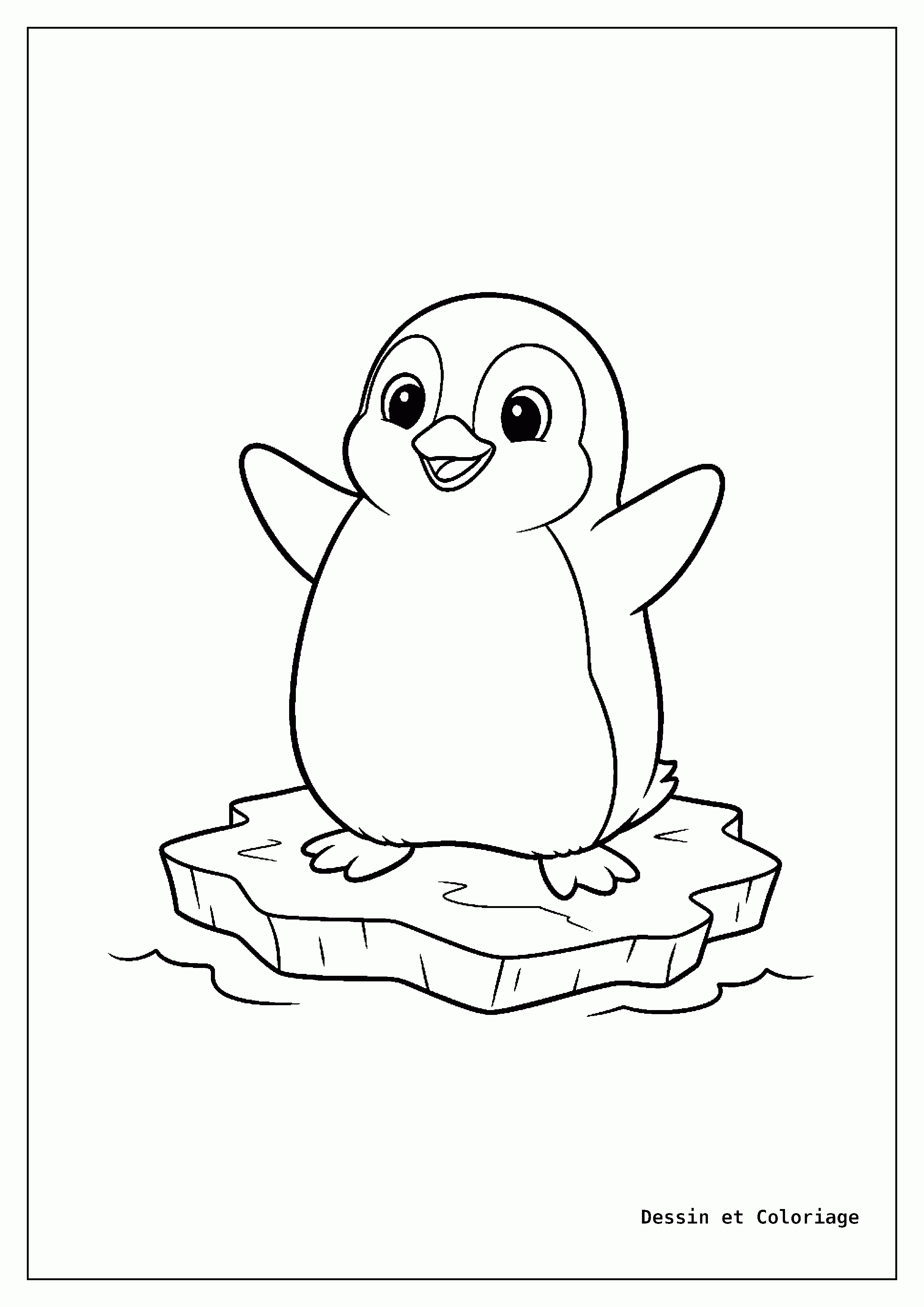 coloriage oiseau — Pingouin souriant, debout sur un bloc de glace, avec de petits yeux et des nageoires.