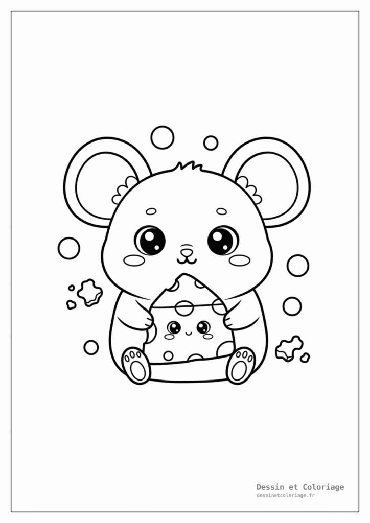 Coloriage Animaux Kawaii — Souris gourmande avec un morceau de fromage, accompagnée de miettes et de trous de fromage.