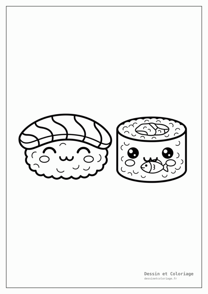 Deux sushis, un nigiri et un maki, avec des visages souriants, côte à côte, les yeux fermés de bonheur.