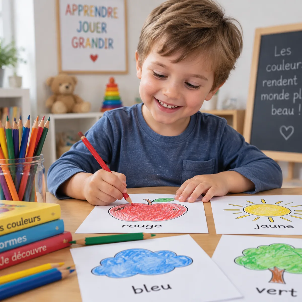 Enfant qui colorie des fiches de couleurs en français : rouge, jaune, bleu, vert