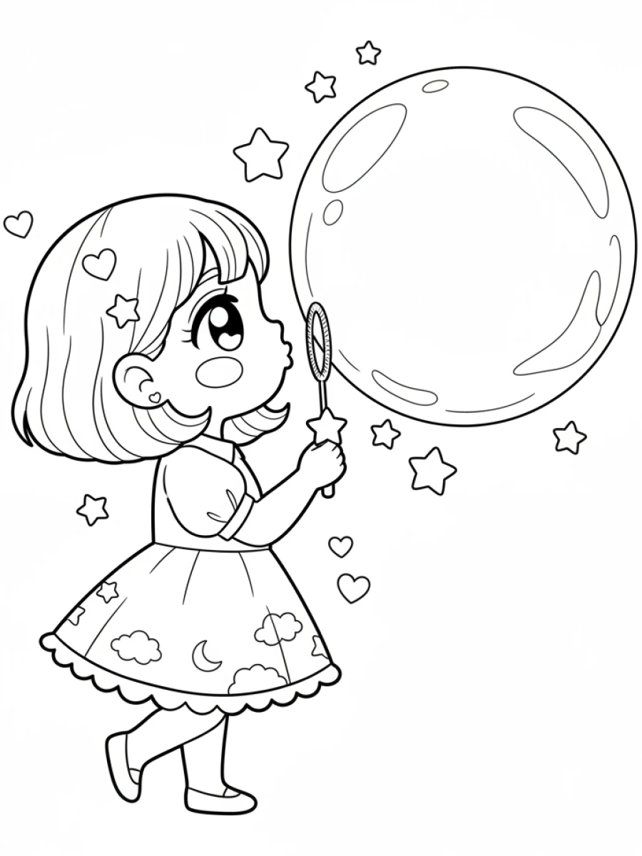 Fillette kawaii, bulle de savon et étoiles