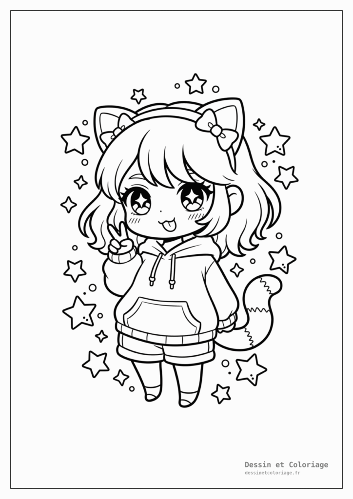 Coloriages Kawaii fille — Fille kawaii espiègle portant un serre-tête oreilles de chat, entourée d'étoiles scintillantes.