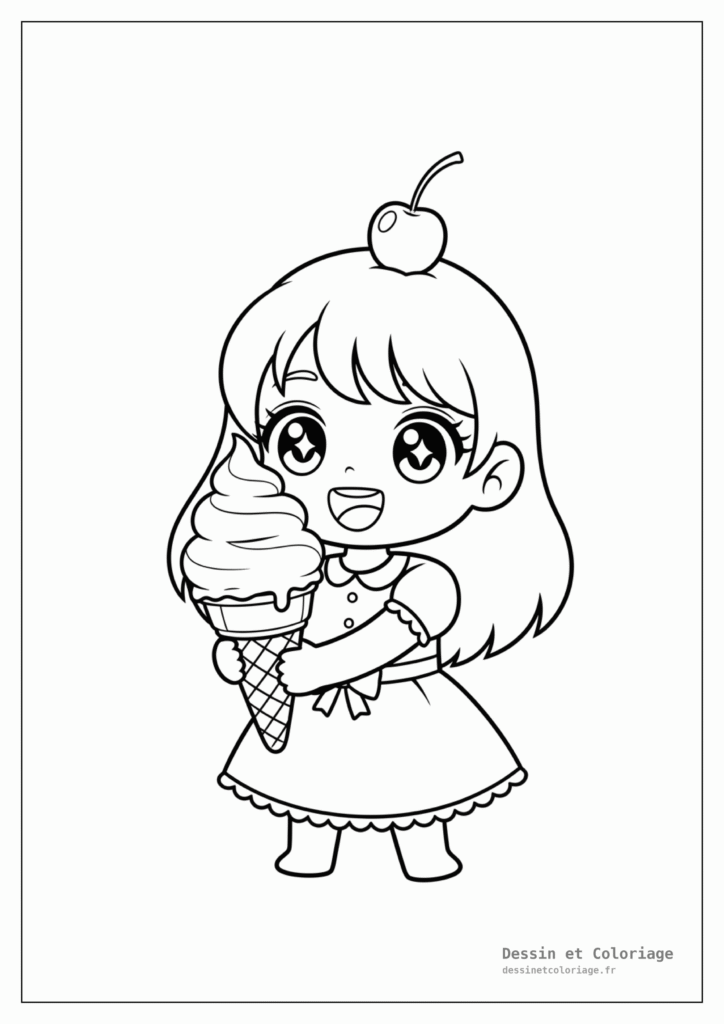Coloriages Kawaii fille — Fille kawaii souriante avec une grande glace et une cerise gourmande.