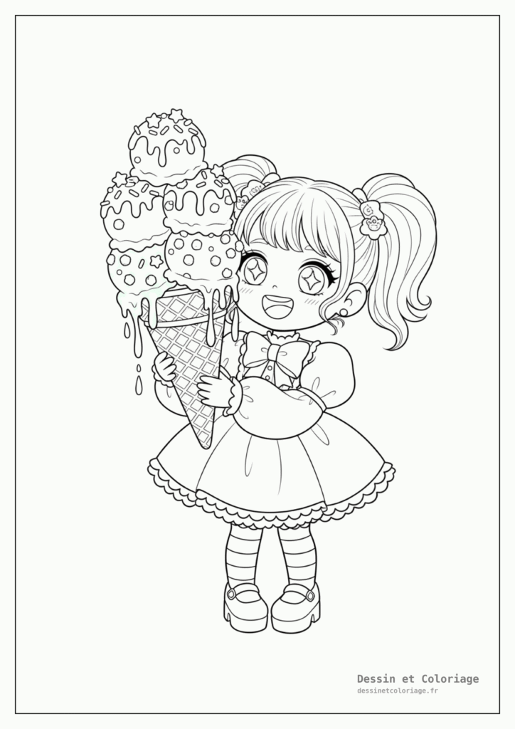 Coloriages Kawaii fille — Fillette kawaii ravie tenant une immense glace à plusieurs boules, avec des pépites.