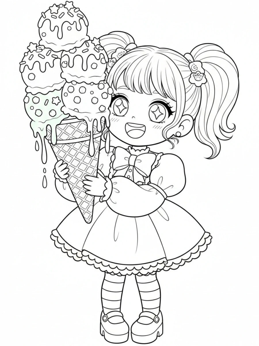 Fillette kawaii, glace géante et pépites