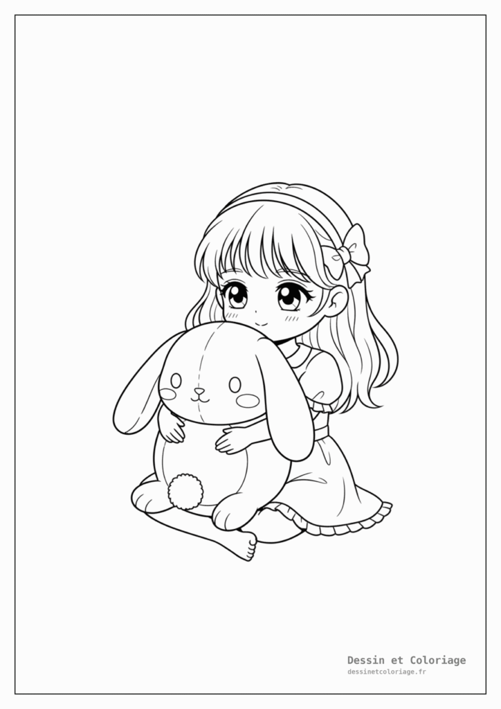 Coloriages Kawaii fille — Adorable fille kawaii enlaçant un gros lapin en peluche, assise et très douce.
