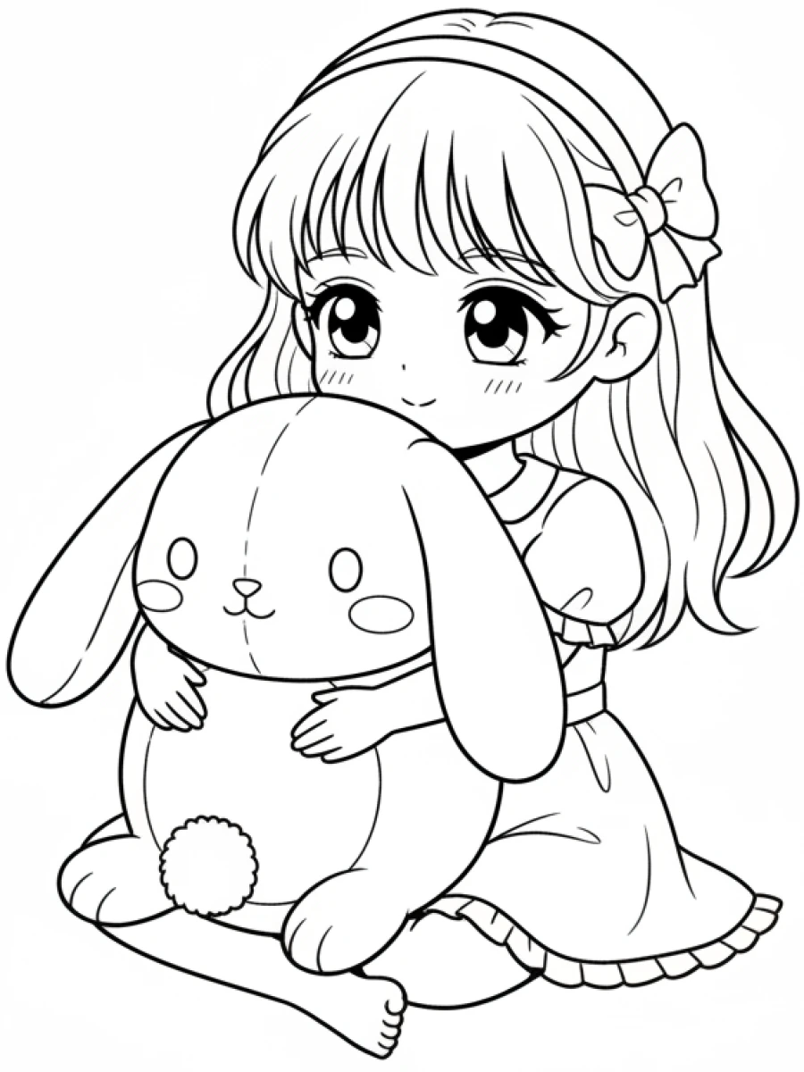 Fille kawaii, lapin en peluche et tendresse