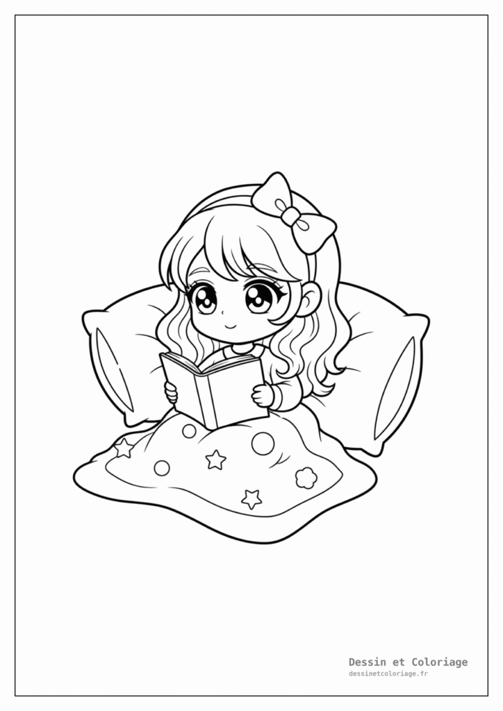 Coloriages Kawaii fille — Fille kawaii apaisée lisant un livre, sous une couverture douillette, entourée de coussins.