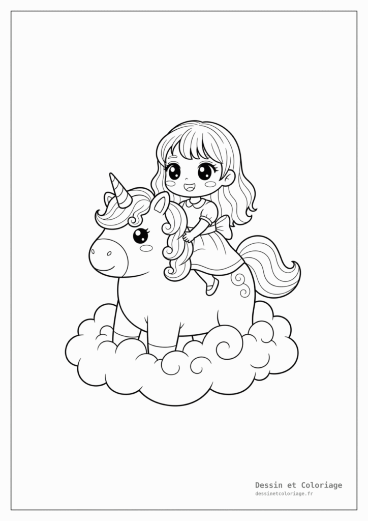 Coloriages Kawaii fille — Jeune fille kawaii souriante sur une licorne douce, avec des nuages et des étoiles autour.