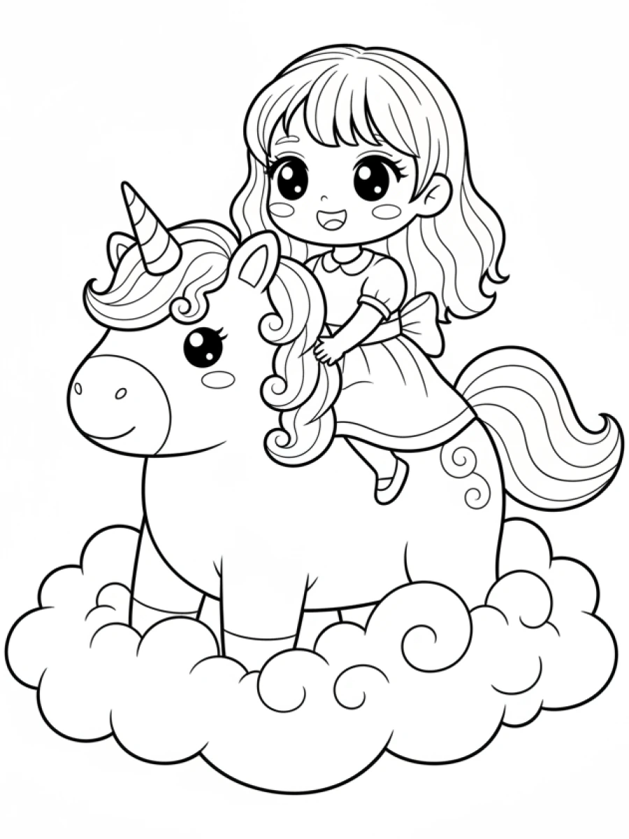 Fille kawaii sur licorne, nuages et étoiles