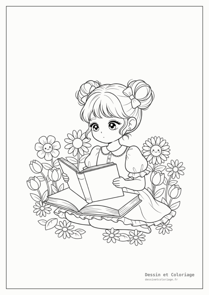 Coloriages Kawaii fille — Jeune fille kawaii concentrée lisant un livre ouvert, avec des fleurs épanouies autour.