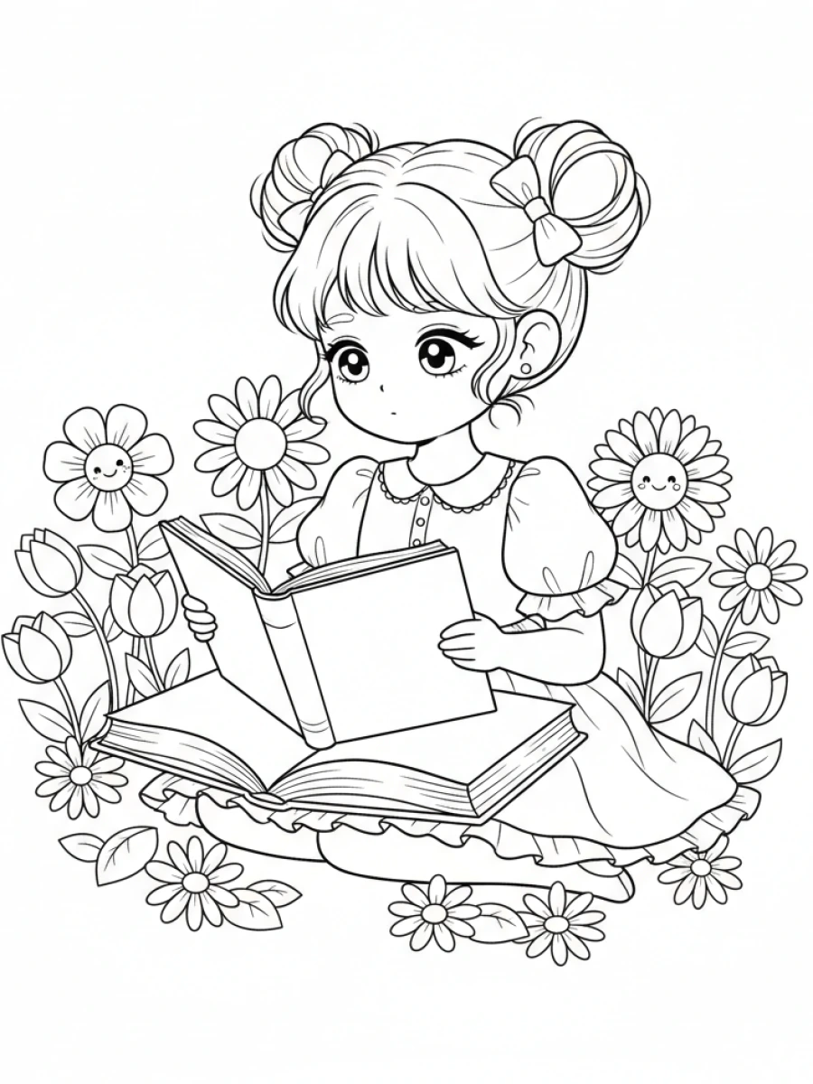 Jeune fille kawaii, livre et fleurs
