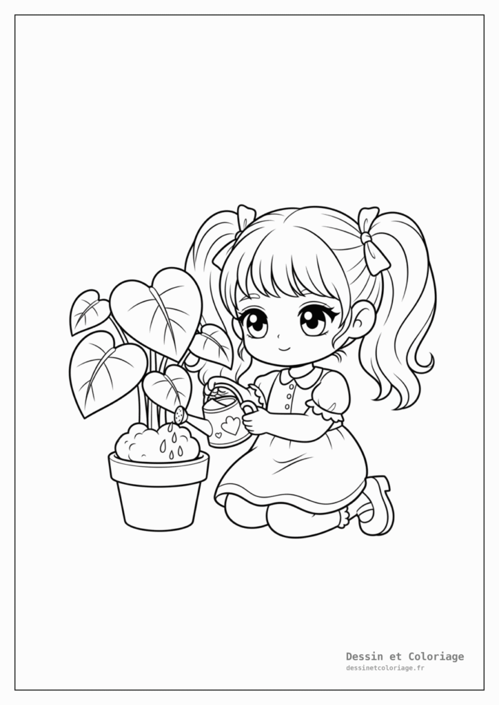 Coloriages Kawaii fille — Fille kawaii bienveillante arrosant une petite plante en pot, avec un arrosoir.