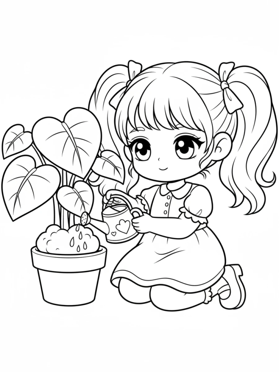Jeune fille attentive, arrosoir et plante