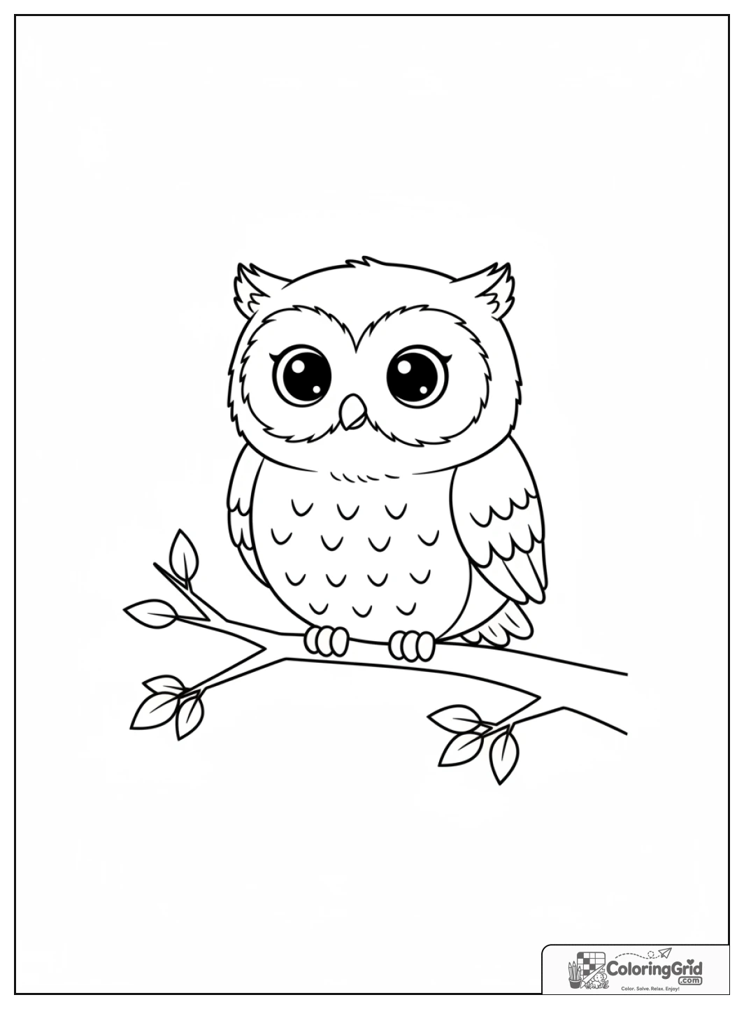 Hibou kawaii perché sur une branche, avec de grands yeux.