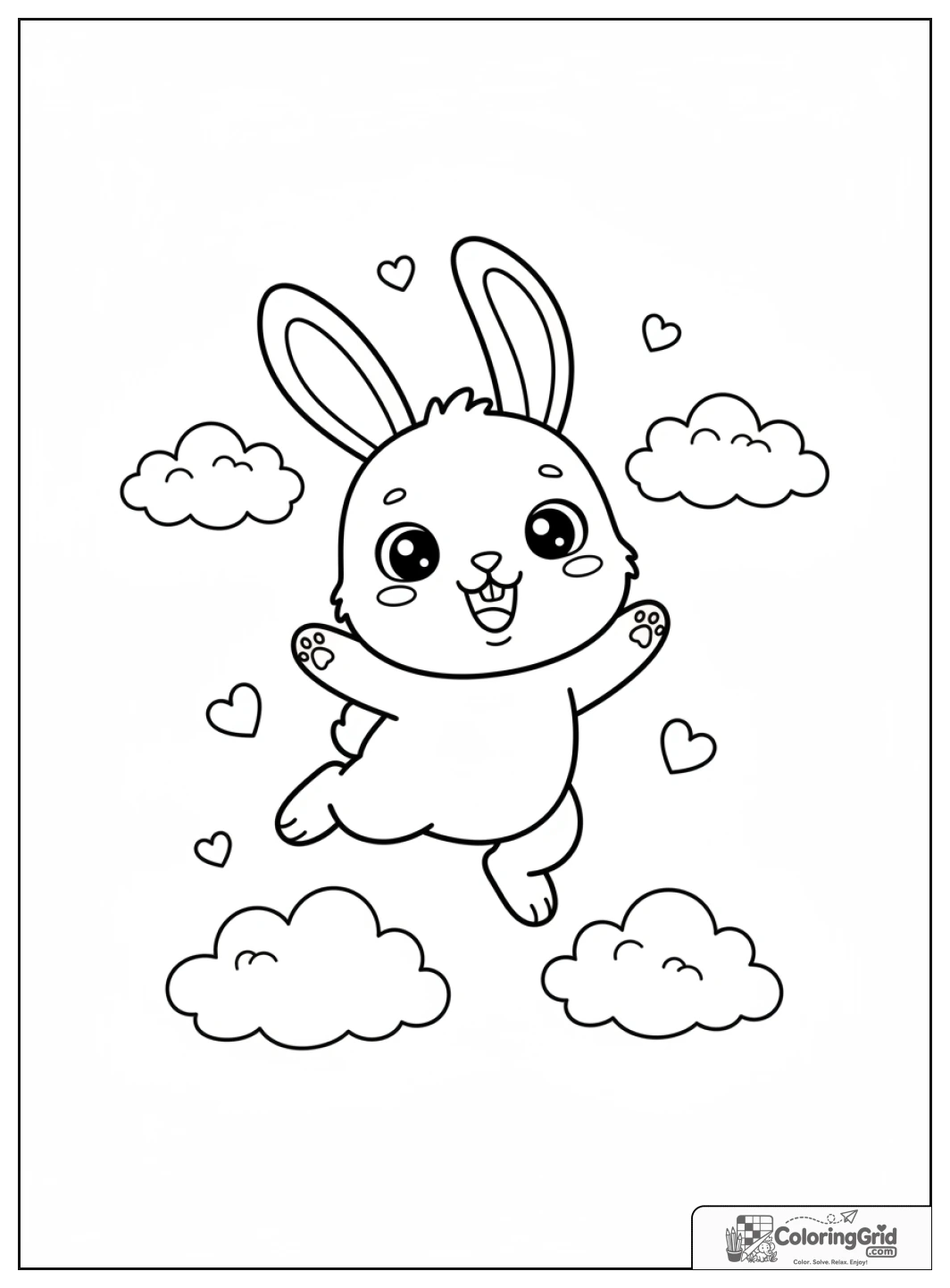 Lapin kawaii sautant de joie dans un champ.