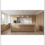 Modern kitchen interior with marble island and natural wood cabinets