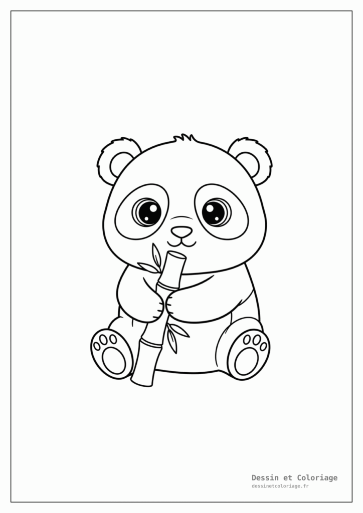 Un panda très mignon assis, tenant une pousse de bambou, avec de grands yeux ronds et un sourire adorable.