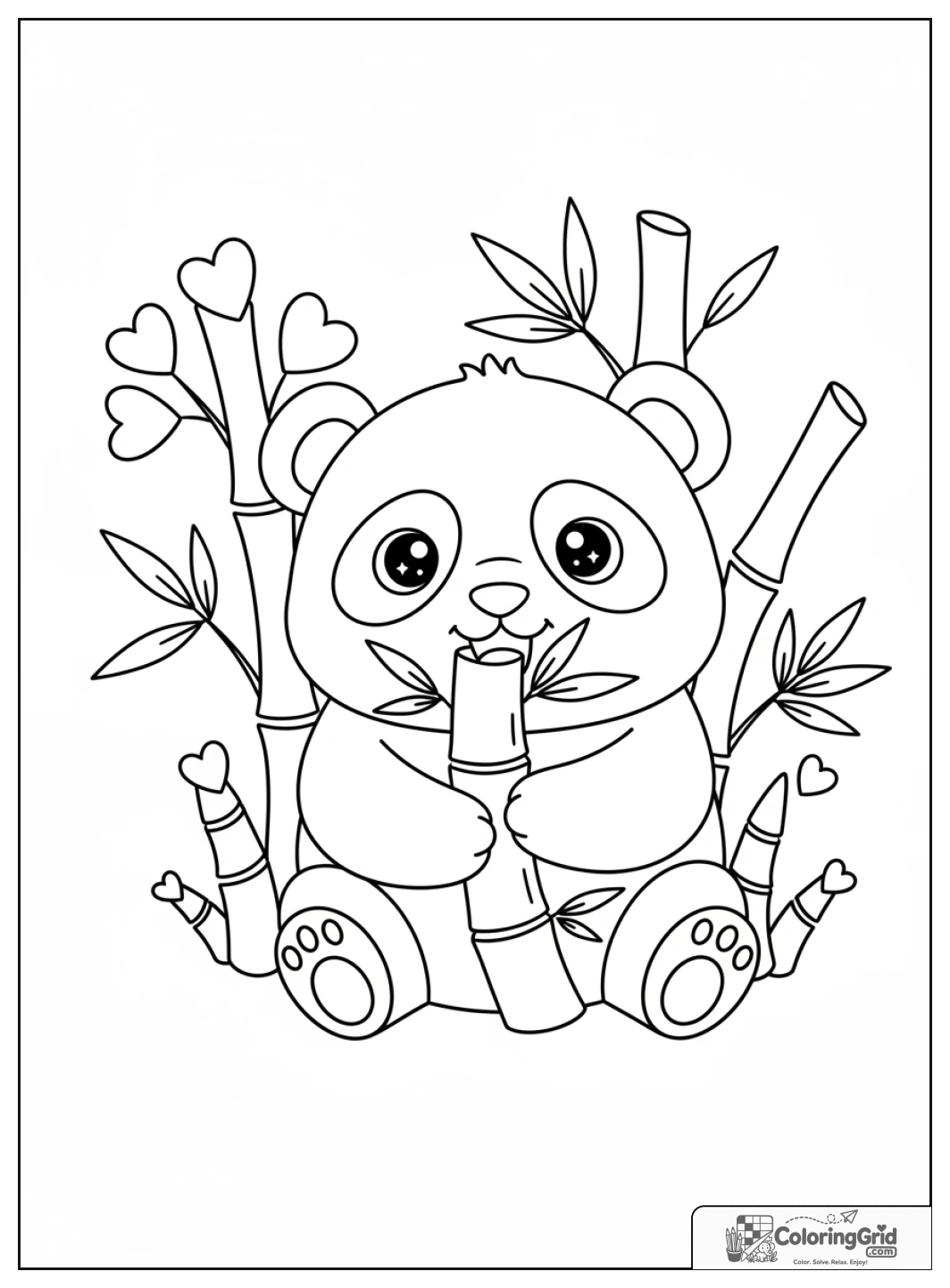 Panda kawaii dégustant tranquillement une pousse de bambou.