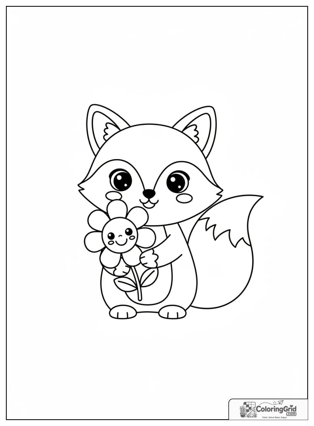 Renard kawaii tenant délicatement une fleur.