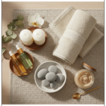 Luxury spa flatlay with candles, oils, and linen towel